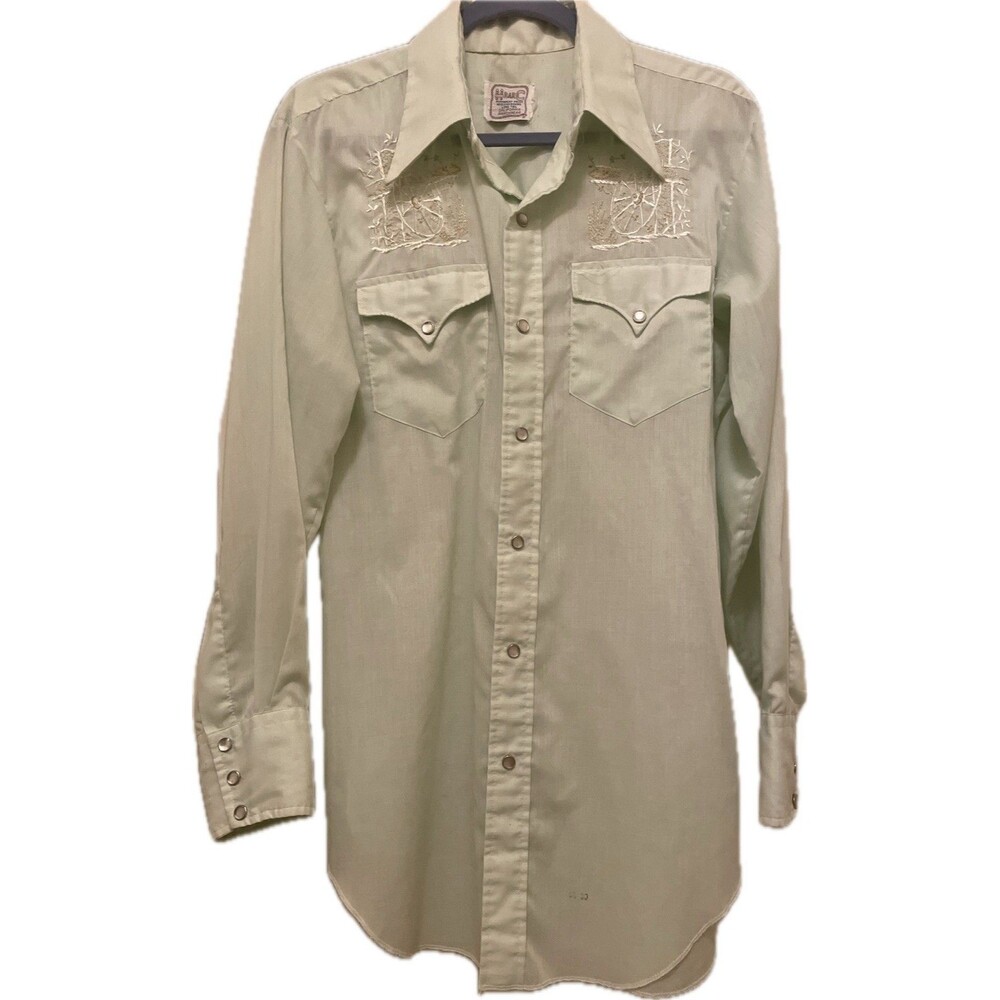 VTG H Bar C Western Shirt Wagon Wheel Embroidered Pearl Snap Mint 16 30 USA